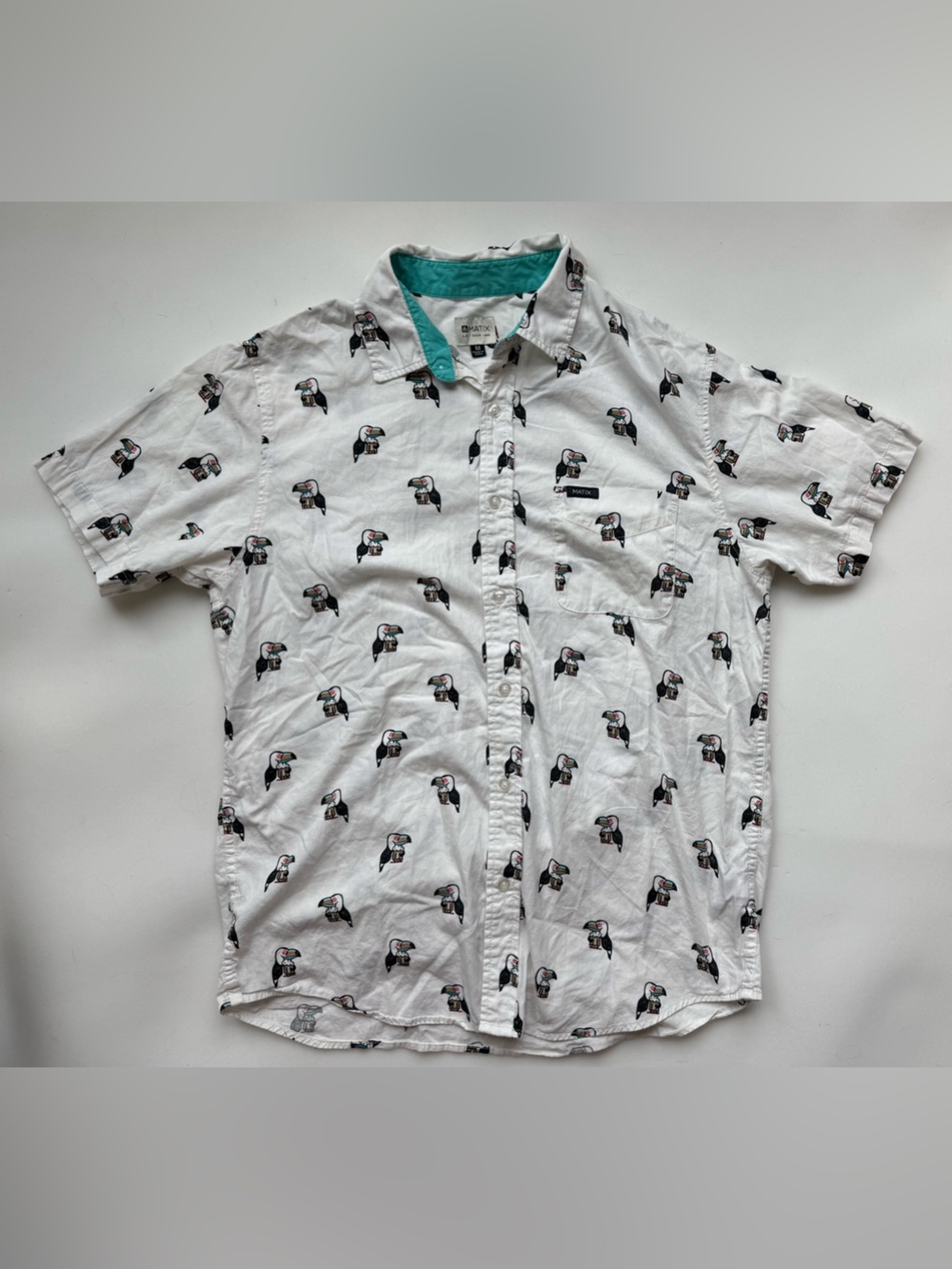 Matix White Button Up Toucan Drinking Beer All Over Print Size Medium